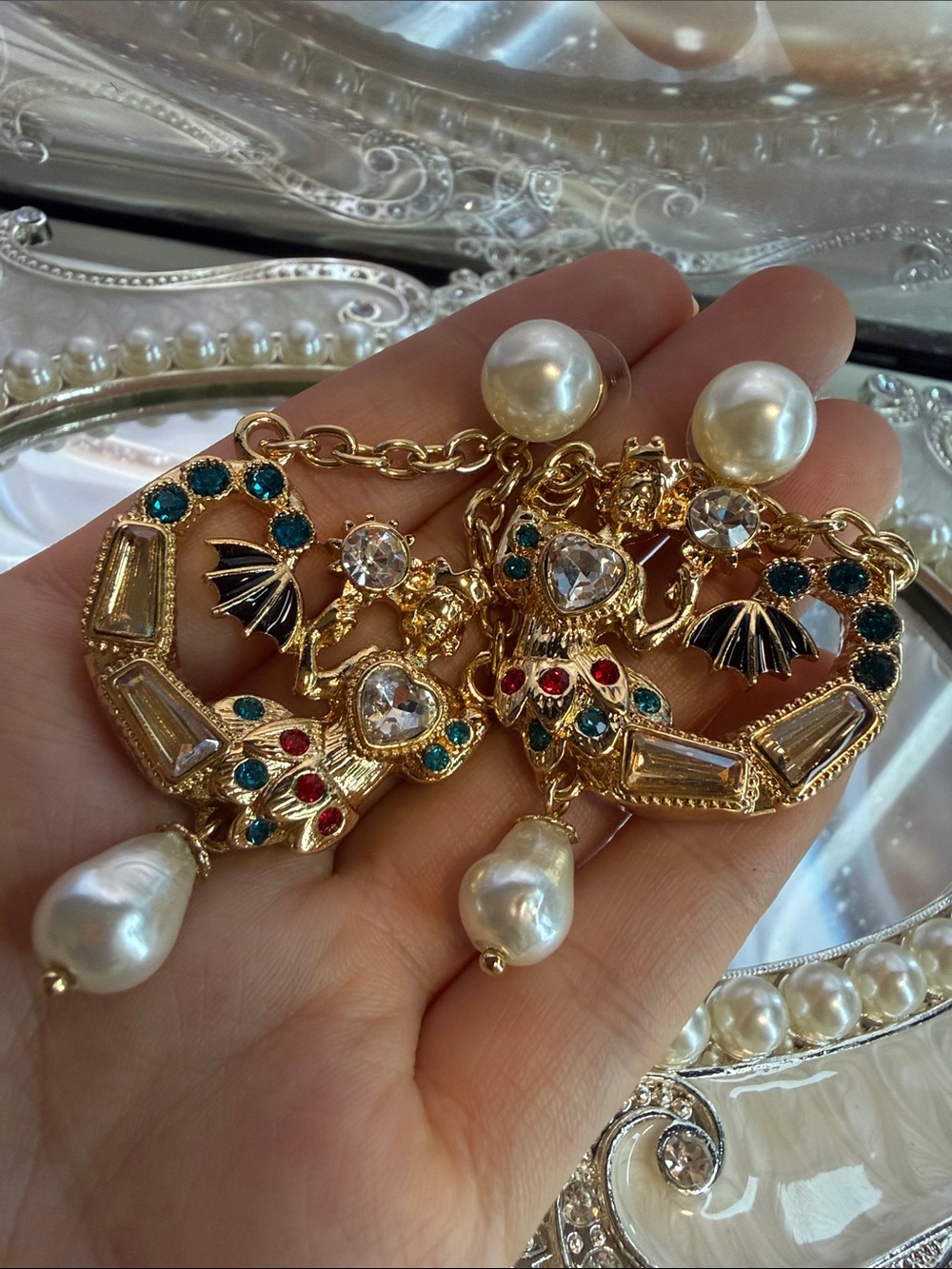 Gold-tone Pearl Drop Mermaid Shape Statement Earrings with Multicolor Accents - Picture 9 of 9